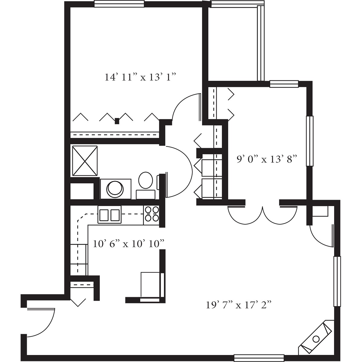 A floor plan of an apartment showing the layout of rooms and spaces.