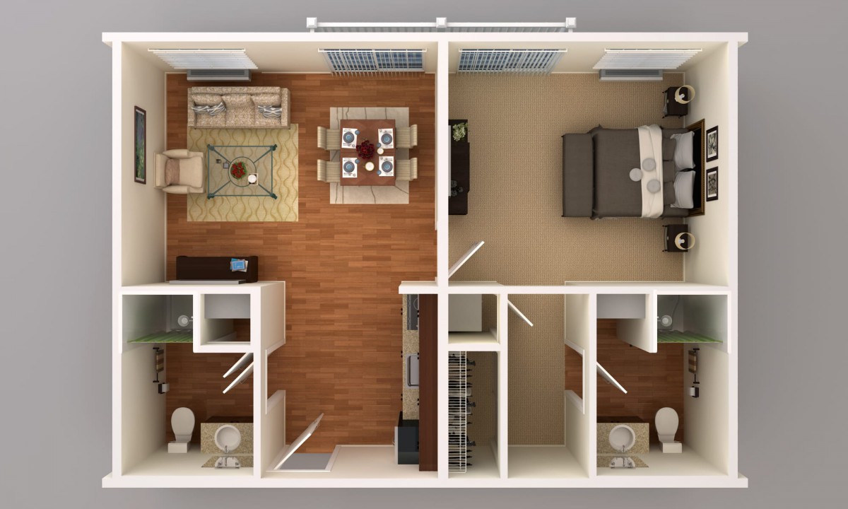 A detailed floor plan of an apartment featuring a living room, dining area, bedroom, and bathrooms.