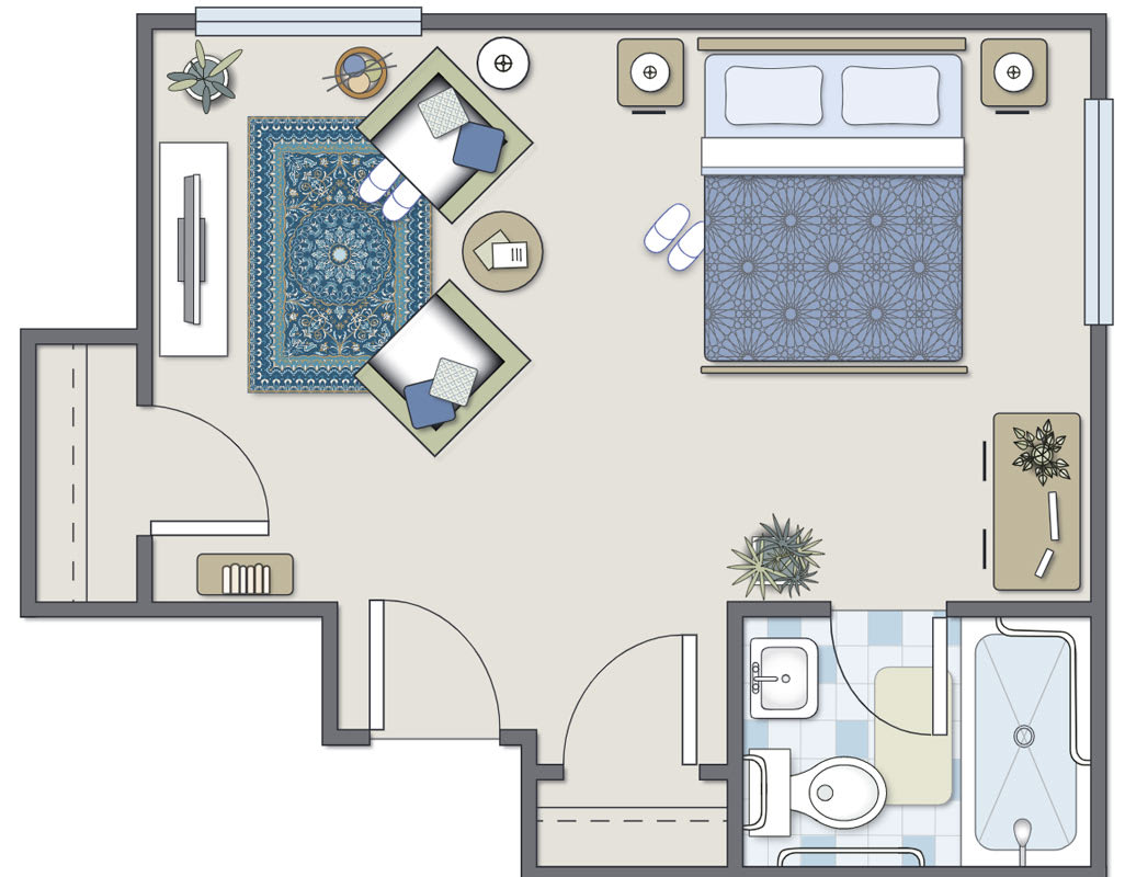 A simple apartment floor plan featuring a bedroom, living area, and bathroom.