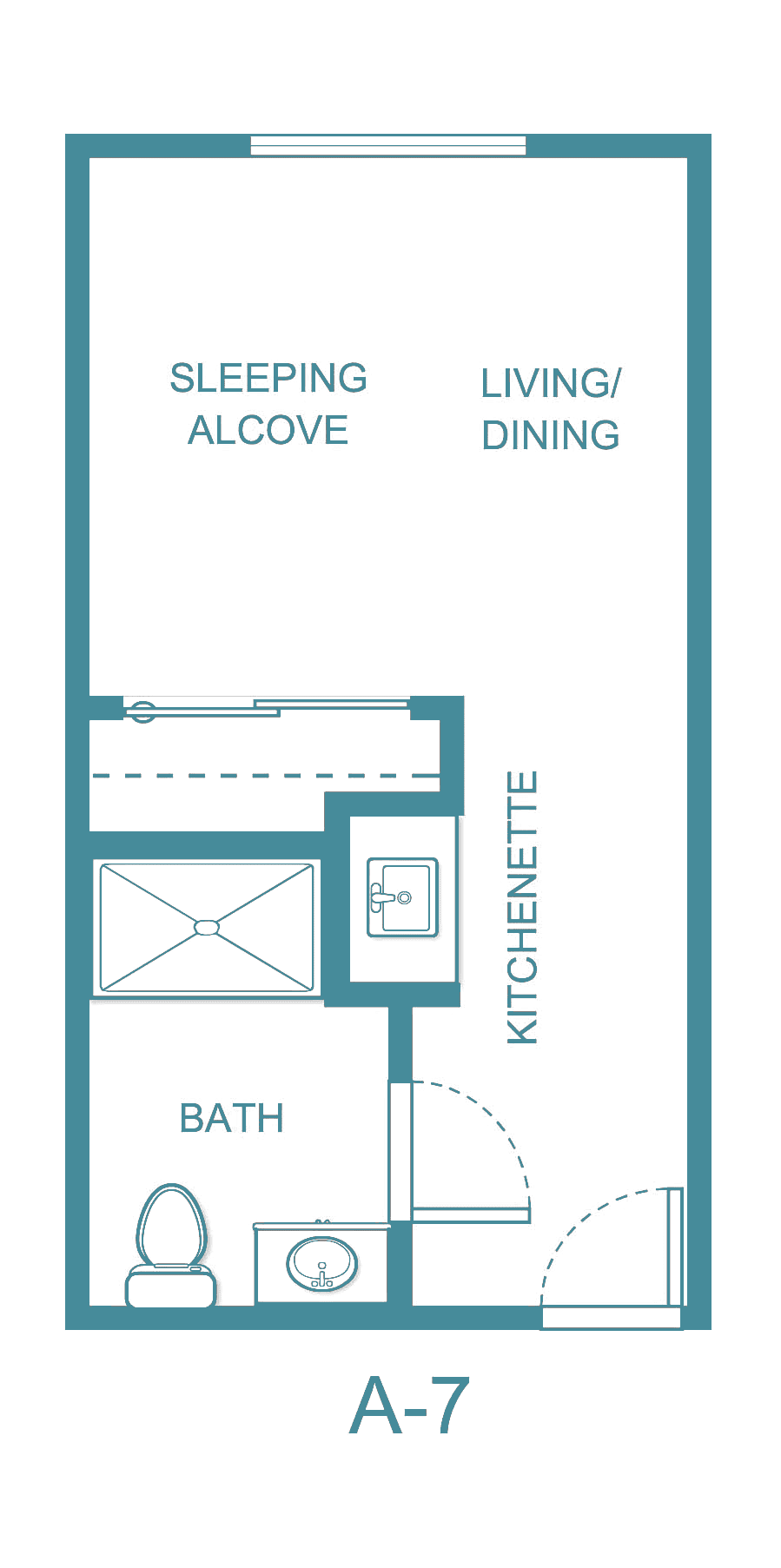 Studio apartment floor plan with an alcove sleeping area, kitchenette, and bathroom.