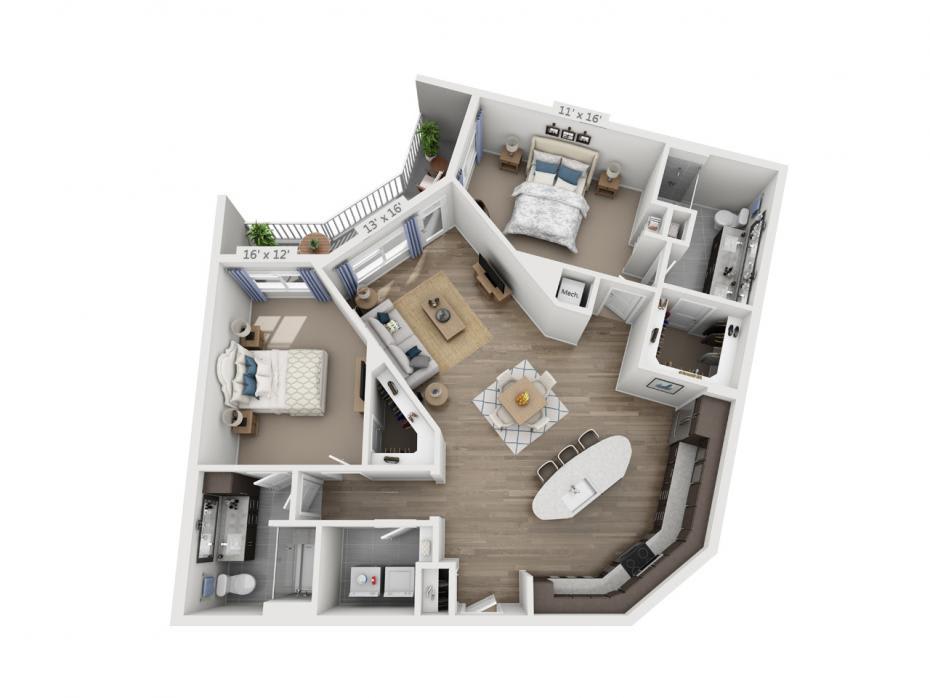 A 3D floor plan of a modern two-bedroom apartment with an open living area.