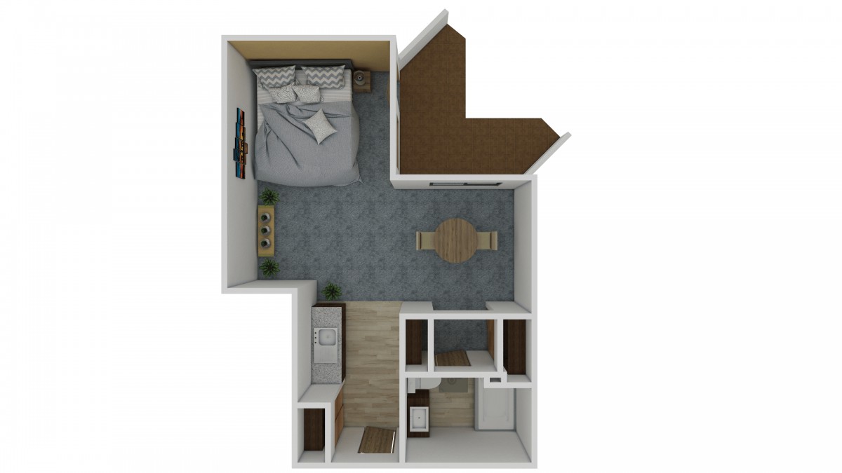A 3D floor plan of a small apartment featuring a bedroom, living area, kitchen, and bathroom.
