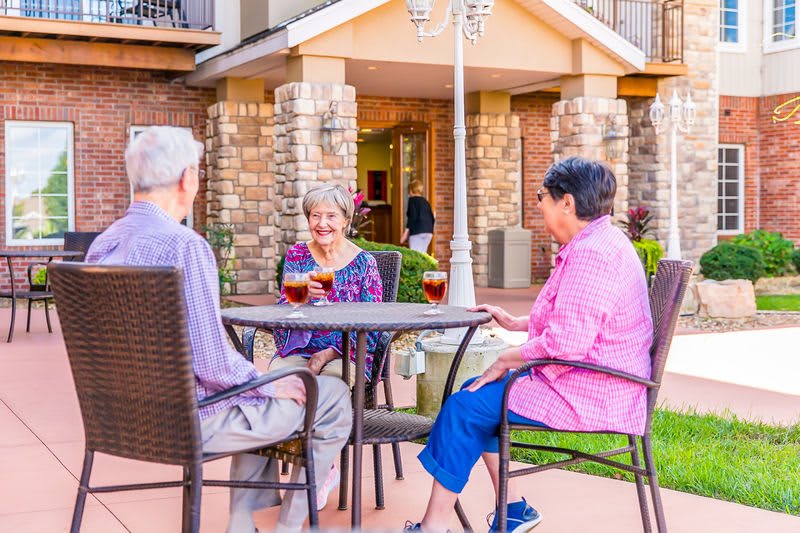 A group of seniors enjoying a conversation outdoors on a sunny day.