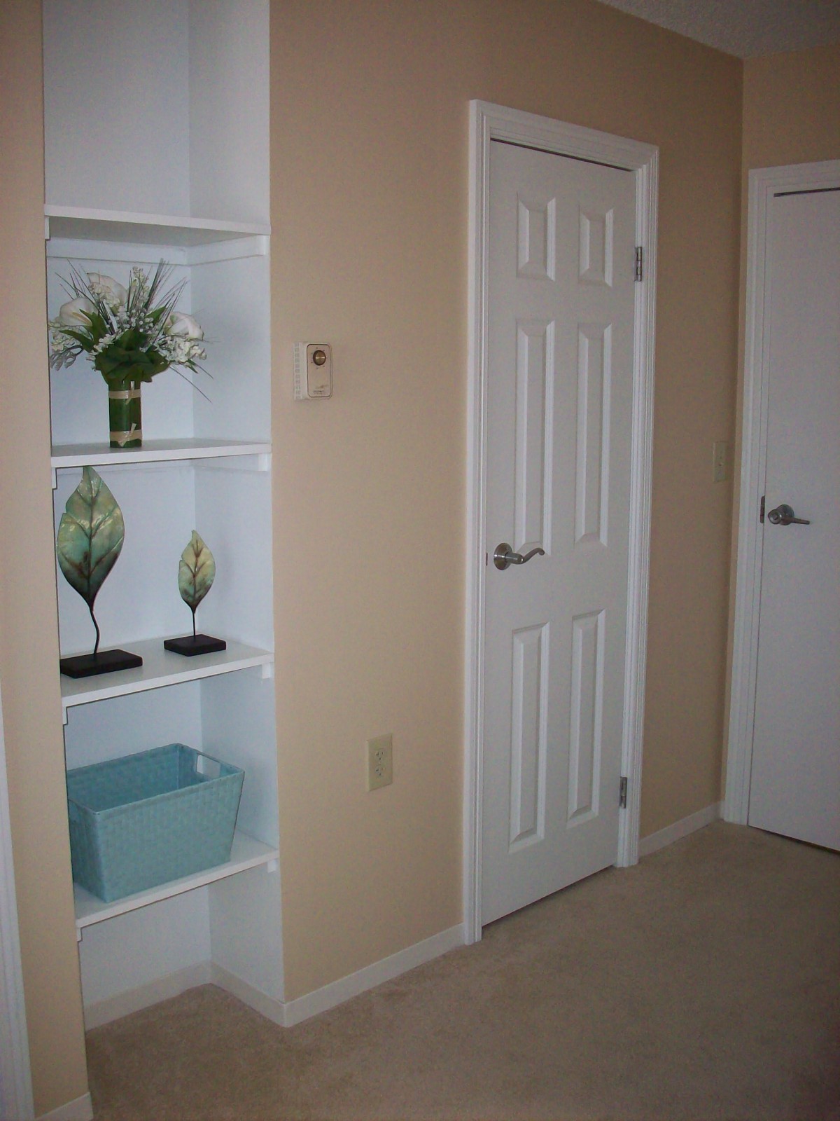 A room featuring built-in shelves with decorative items and two closed doors.