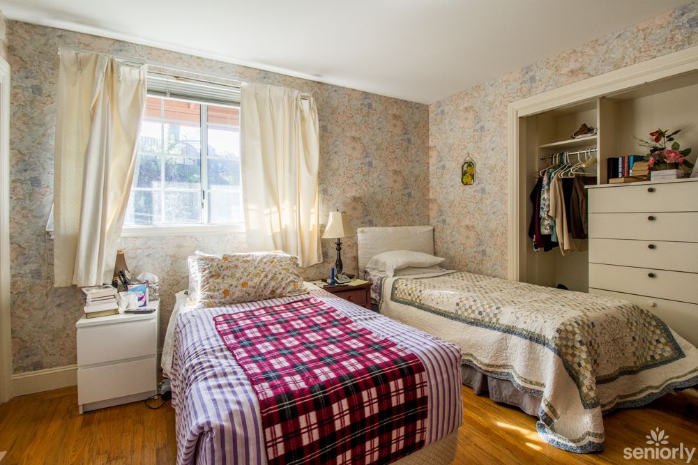 A cozy bedroom with twin beds, natural light streaming in through the window.