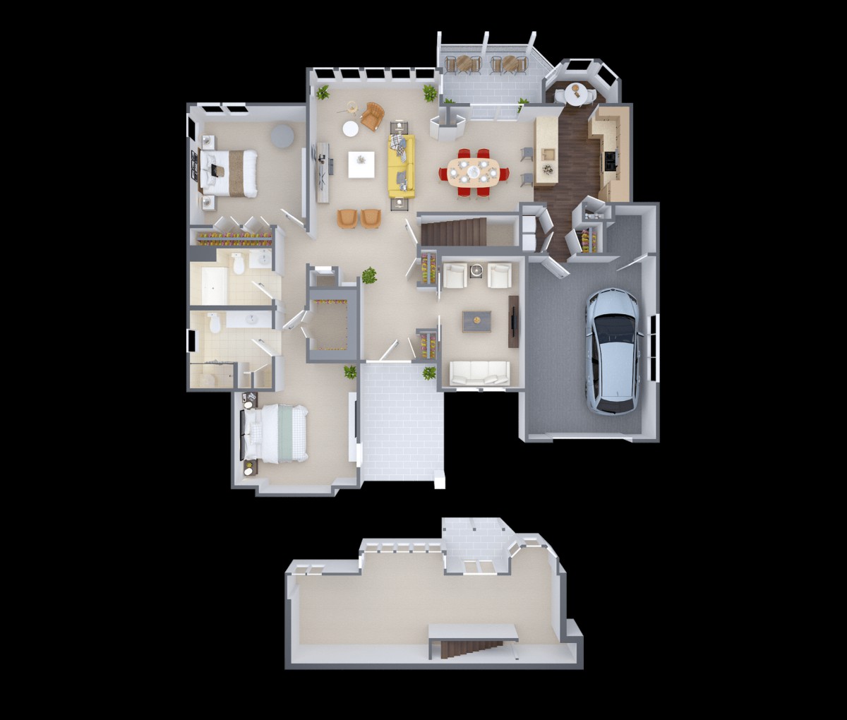 A 3D floor plan showcasing the layout of a residential house, including rooms, furniture, and a garage.