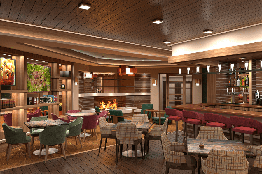 A modern restaurant interior with a cozy atmosphere, featuring a fireplace and colorful seating.