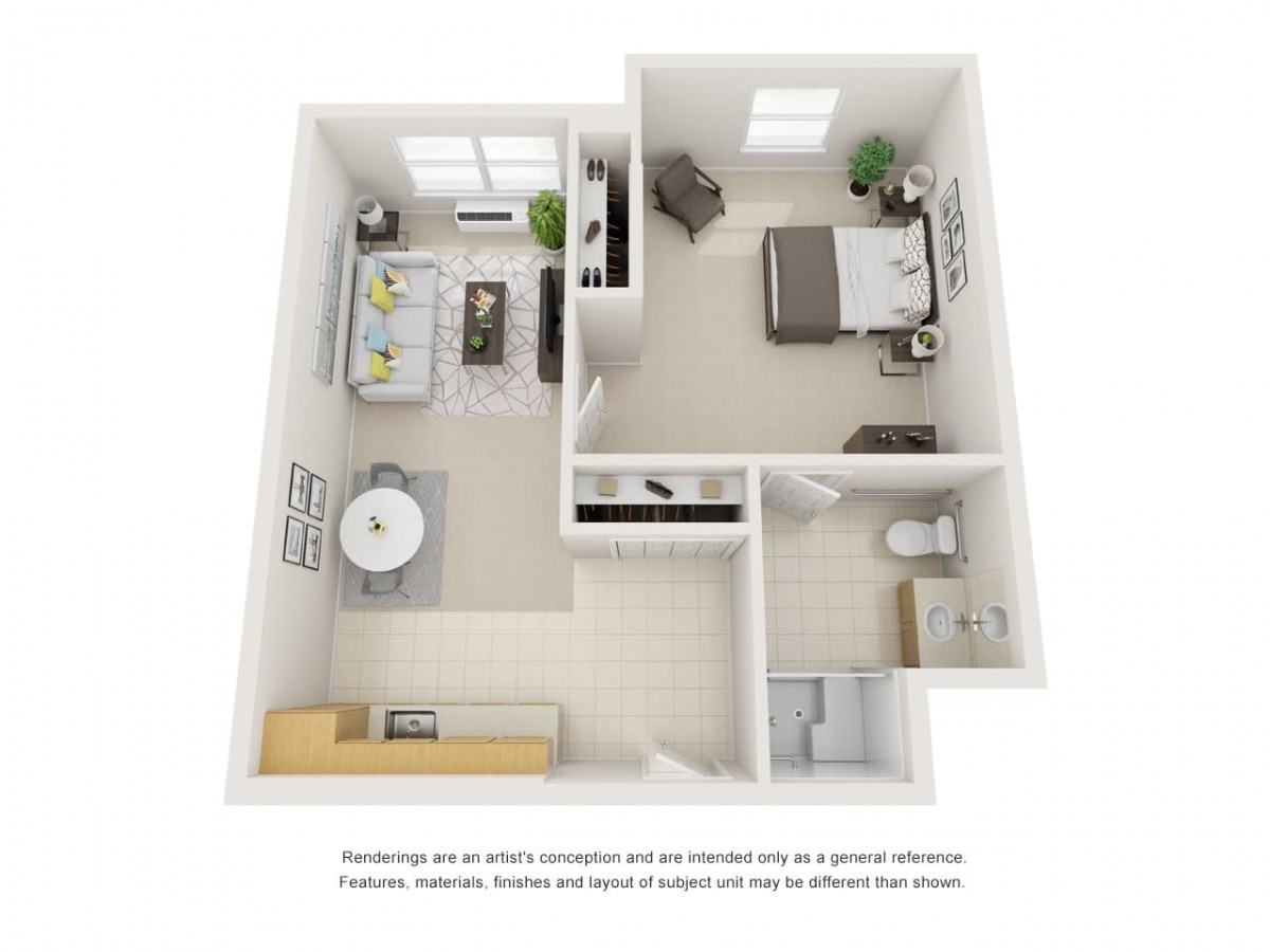 A 3D floor plan of a one-bedroom apartment featuring a living room, kitchen, and bathroom.
