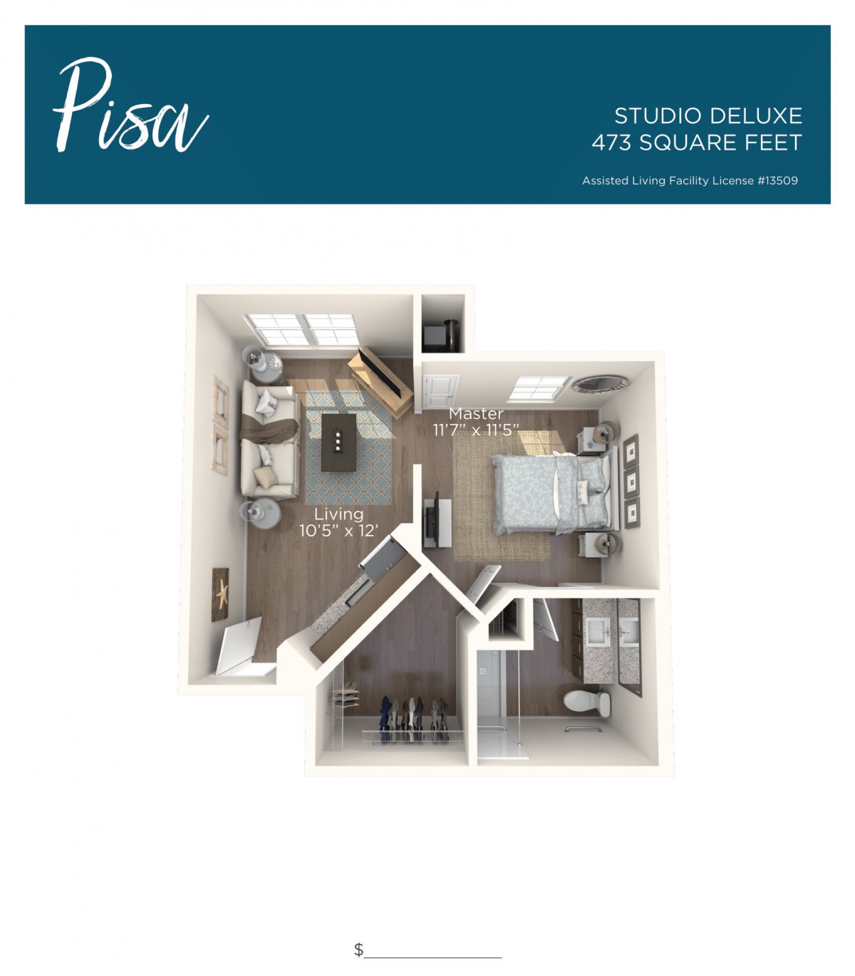 Floor plan of a studio deluxe apartment with 475 square feet.