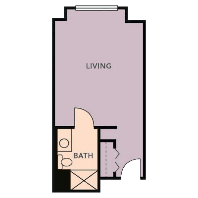 A floor plan of a studio apartment featuring a combined living area and bathroom.