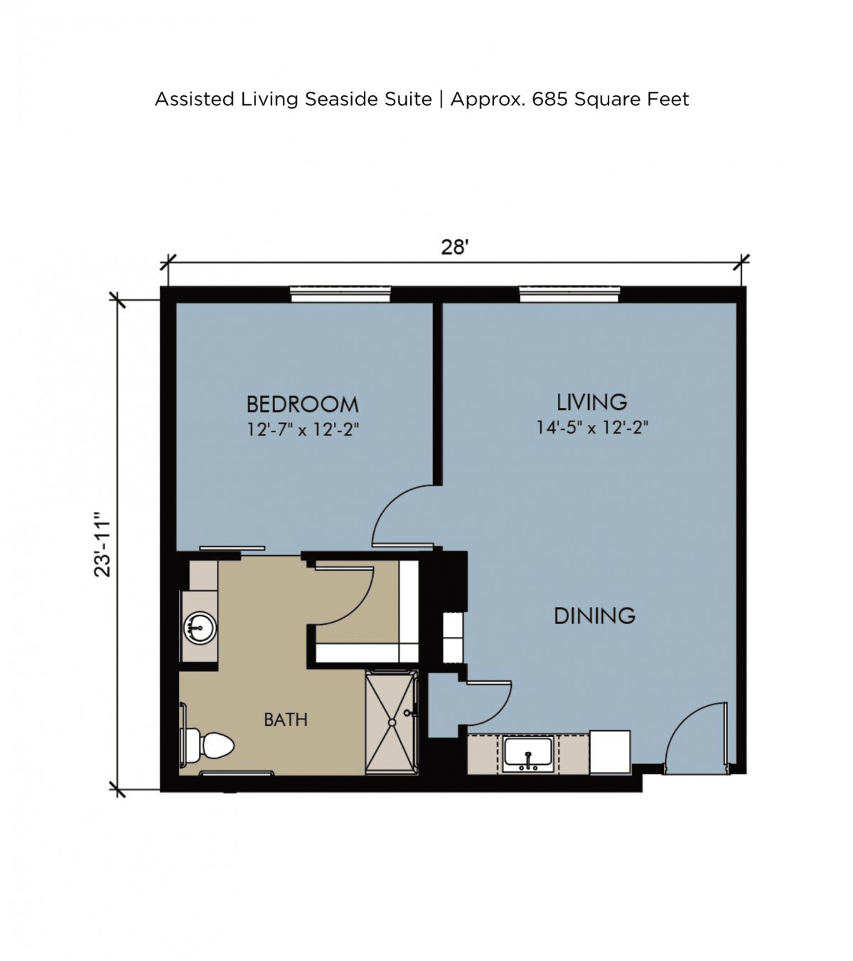 A 480 square foot assisted living apartment floor plan showing a bedroom, living area, bathroom, and kitchen.
