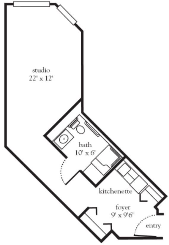 Studio apartment floor plan with kitchenette and bathroom.