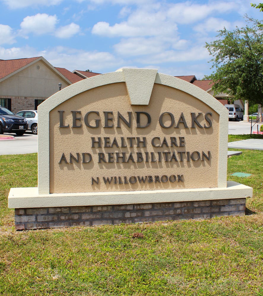 Sign for Legend Oaks Health Care and Rehabilitation facility.