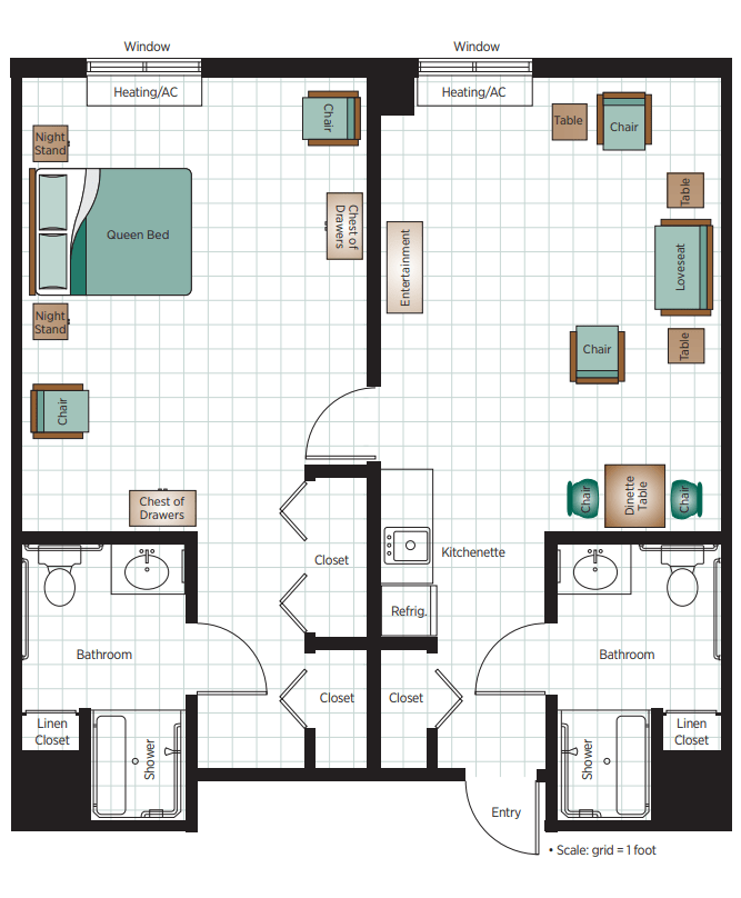 A floor plan of a two-bedroom apartment with detailed furniture placement.