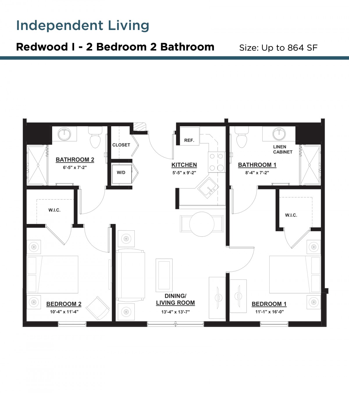 Floor plan of a two-bedroom, two-bathroom apartment for independent living.