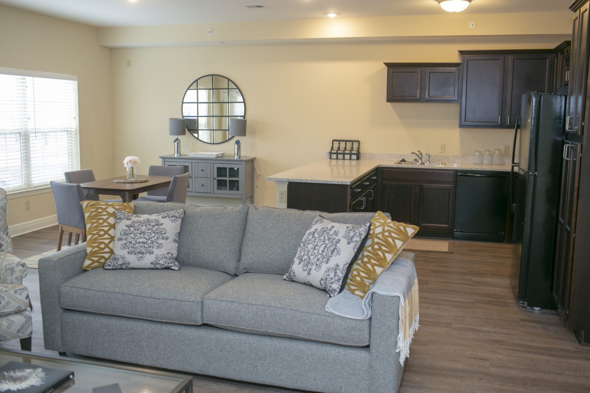 A modern open-plan living room and kitchen area featuring a comfortable grey sofa with decorative cushions.