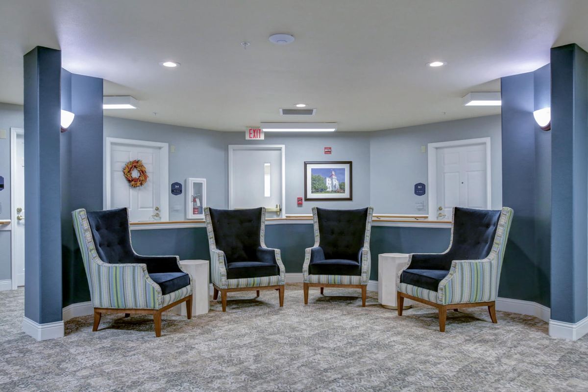 A cozy waiting area with a set of elegant chairs arranged in a semi-circle.