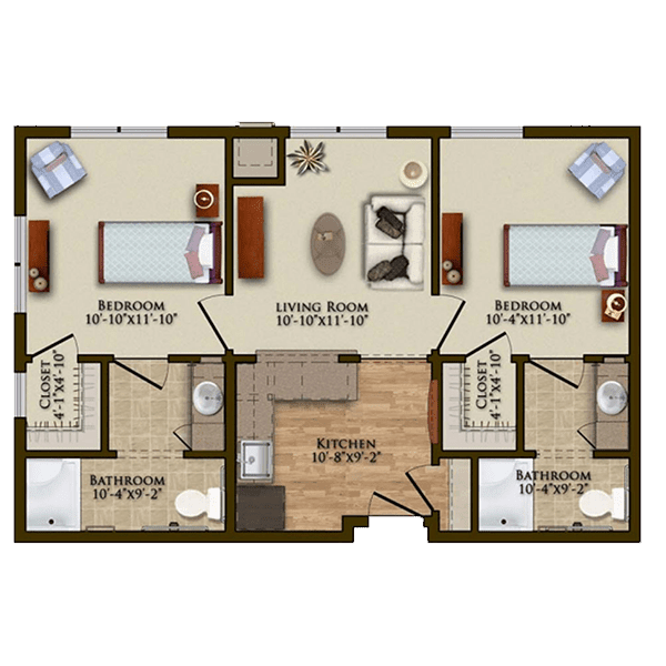 A floor plan of an apartment featuring two bedrooms, two bathrooms, and a central living room.