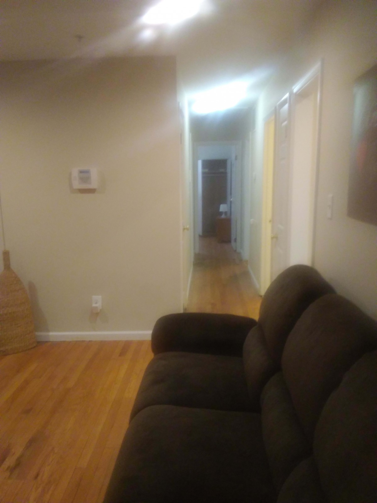 A cozy living room with a sofa and a view of the hallway.