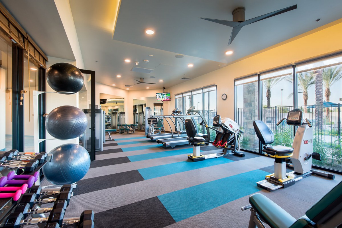A modern gym with various exercise equipment and cardio machines.