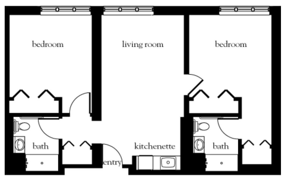 Floor plan of an apartment showing living room, bedroom, bathroom, kitchenette, and entry.