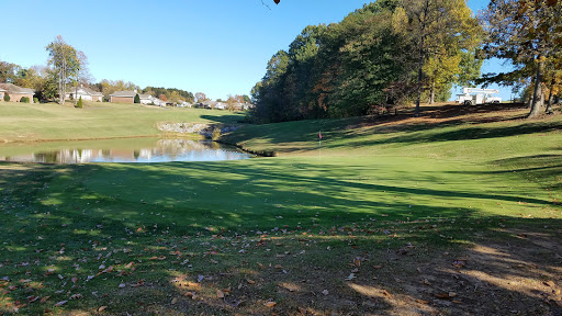 A serene view of a golf course bordered by trees and a tranquil pond.