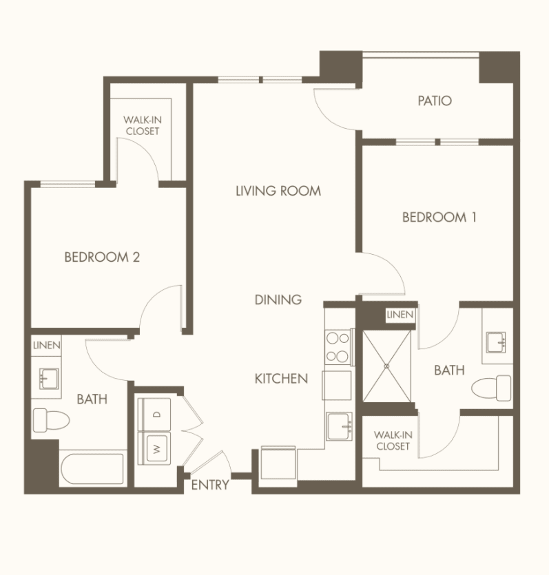 A two-bedroom apartment floor plan with a living room, kitchen, and bathrooms.