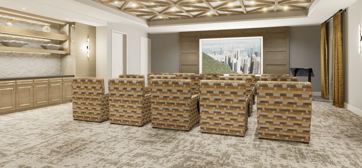 A modern conference room with patterned seating in a corporate setting.