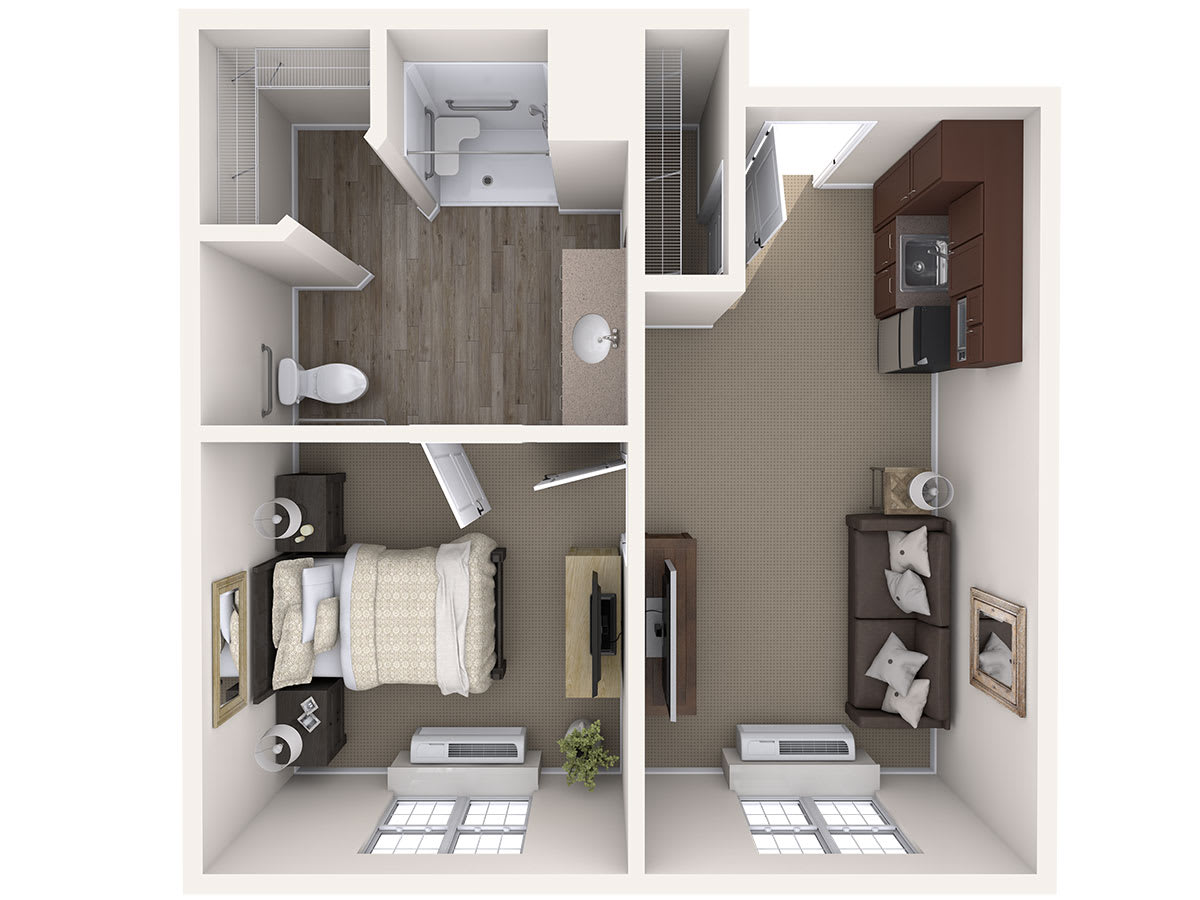 A 3D floor plan of a compact one-bedroom apartment including a bathroom, kitchen, and living area.