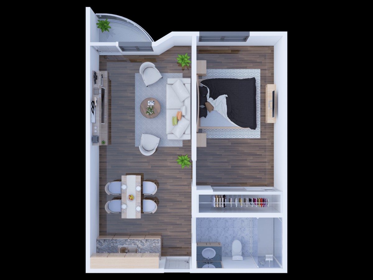 A modern floor plan featuring a living area, kitchen, bedroom, and bathroom.