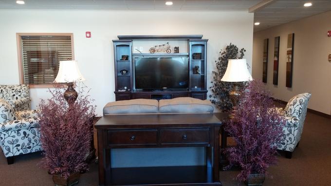 A living room setup featuring an entertainment center with a television, flanked by lamps and decorative plants.