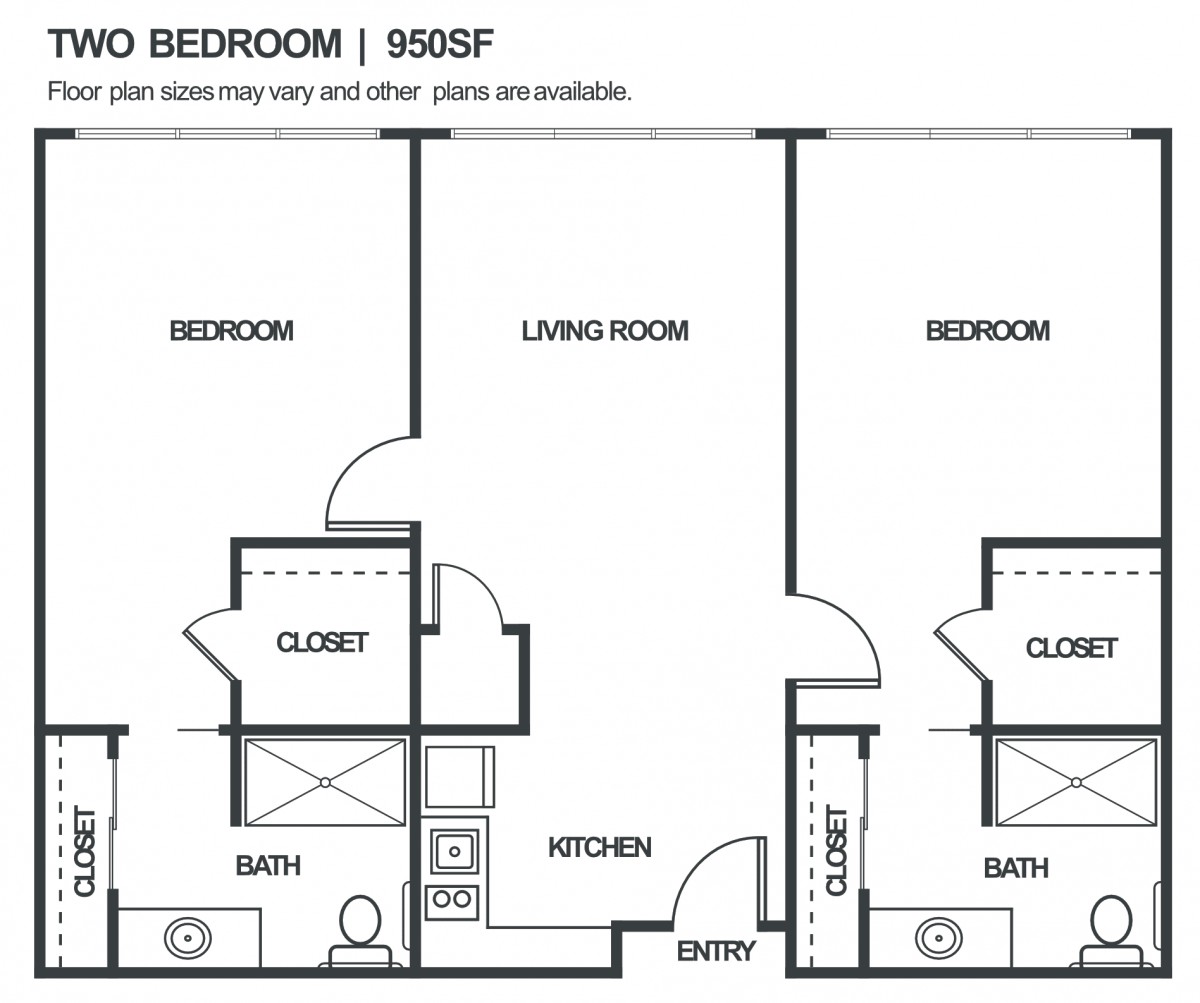 A floor plan of a two-bedroom apartment measuring 585 square feet, featuring a living room, kitchen, and bathrooms adjacent to each bedroom.
