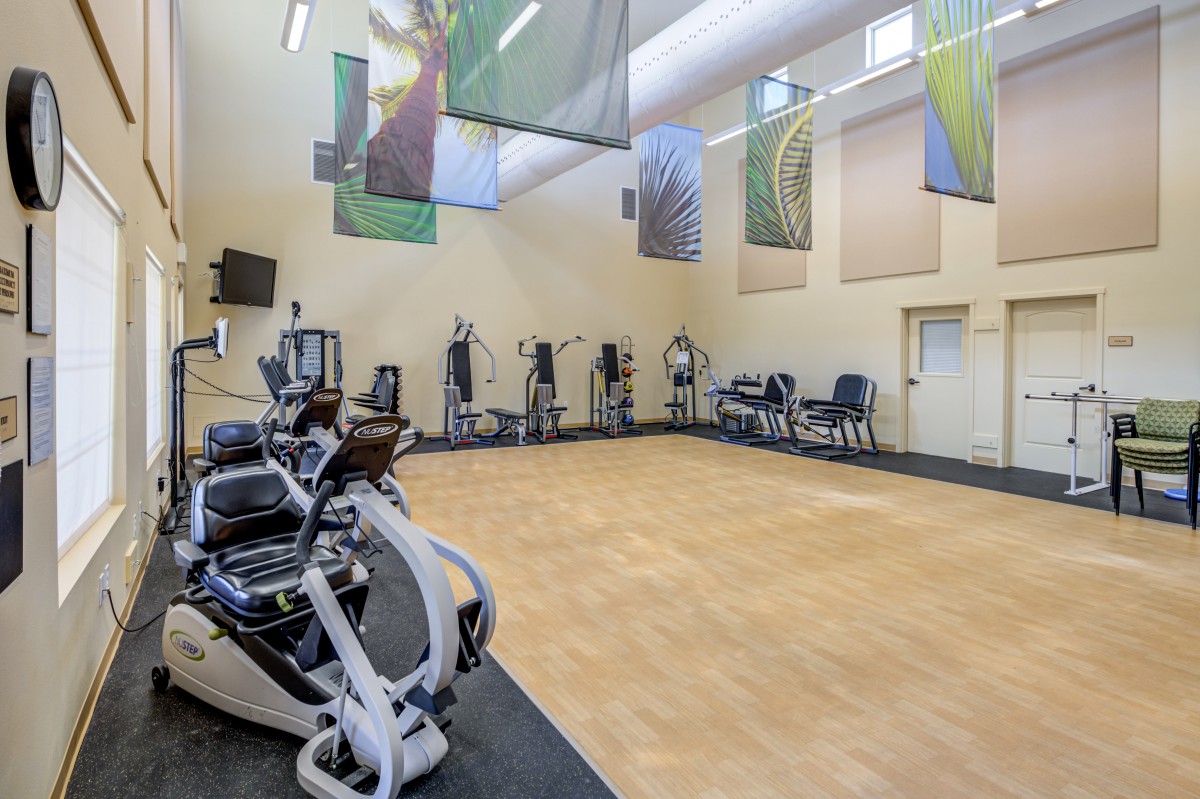 An indoor gym equipped with various exercise machines and cardio equipment.