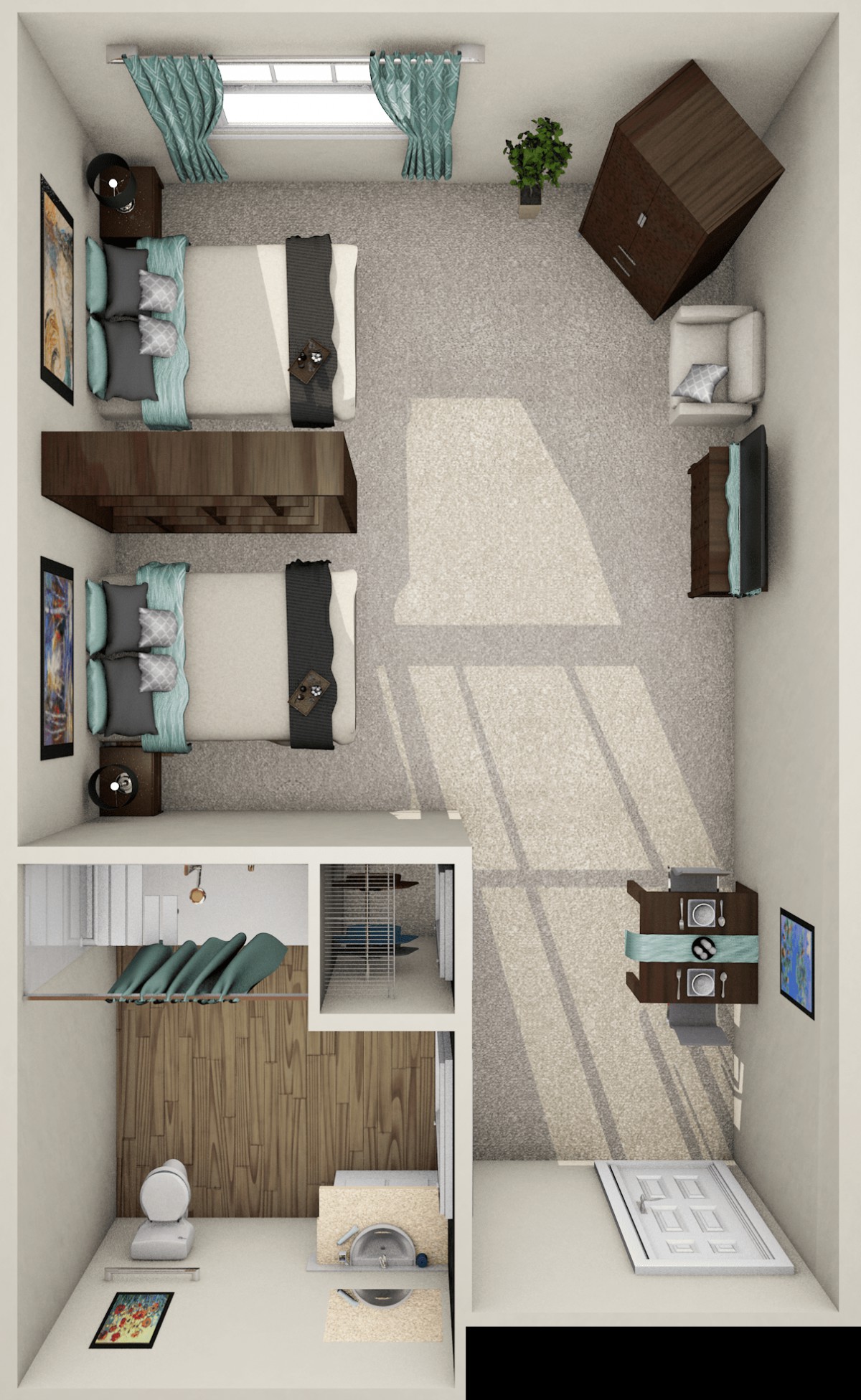 A modern bedroom with twin beds, featuring a wardrobe and a desk, under natural light.