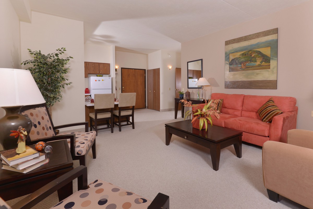 A contemporary open-concept living room with a cozy sofa and adjacent dining area.