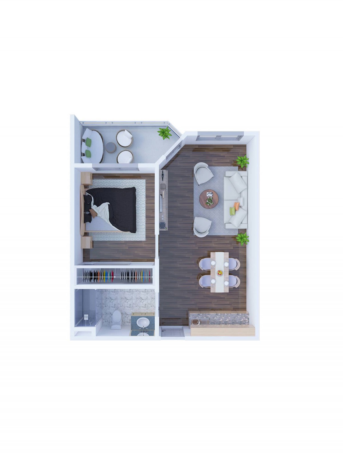 A detailed floor plan of a one-bedroom apartment featuring a living room, kitchen, and bathroom.