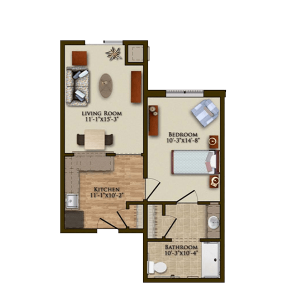 Two-bedroom apartment floor plan with living room, kitchen, and bathroom.