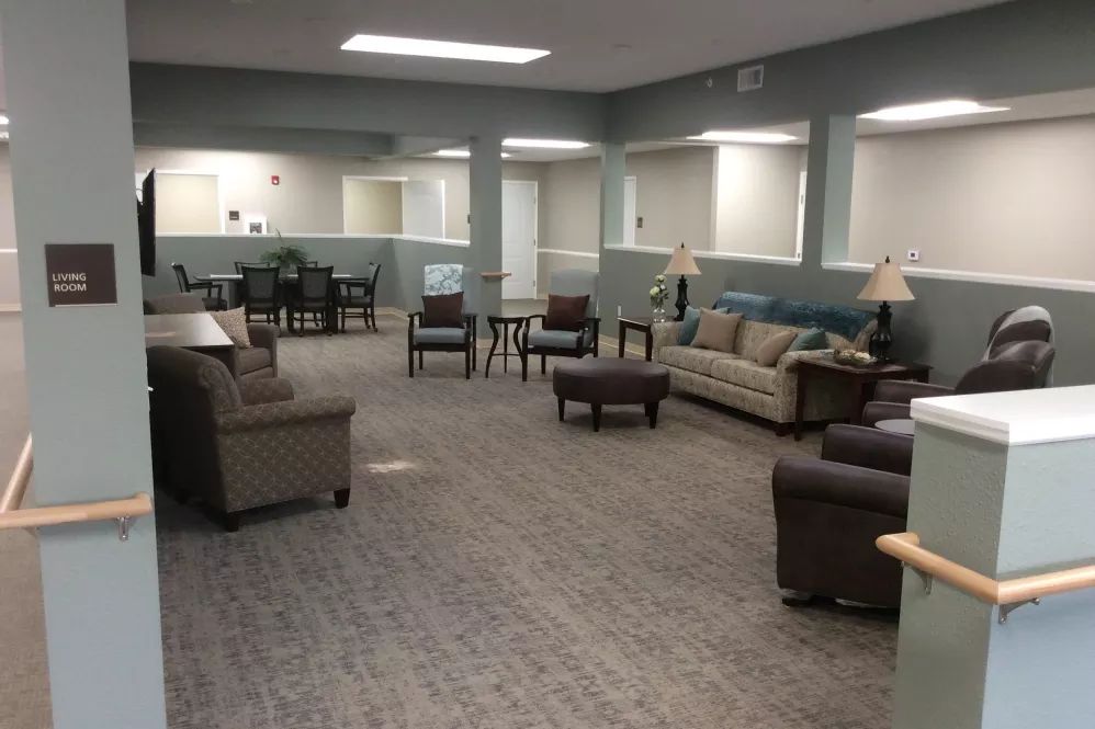 A spacious lobby with comfortable seating and modern decor.