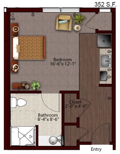 A one-bedroom apartment floor plan featuring a bedroom, bathroom, kitchen, and living area.