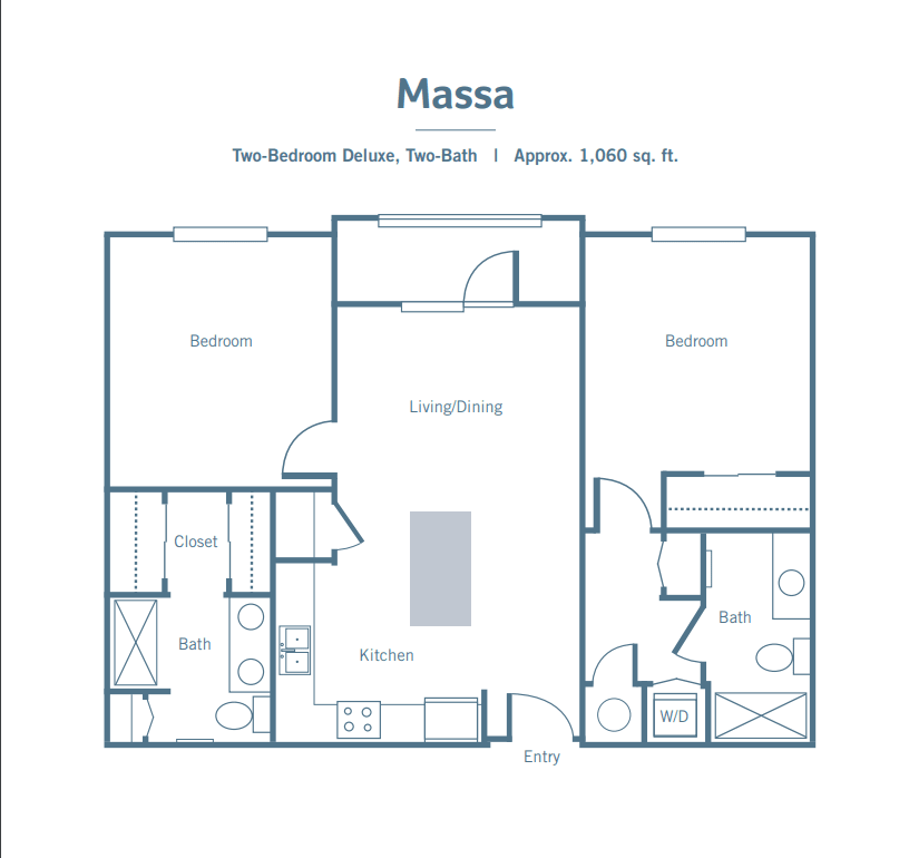 Floor plan of a two-bedroom apartment with an open living area and kitchen.