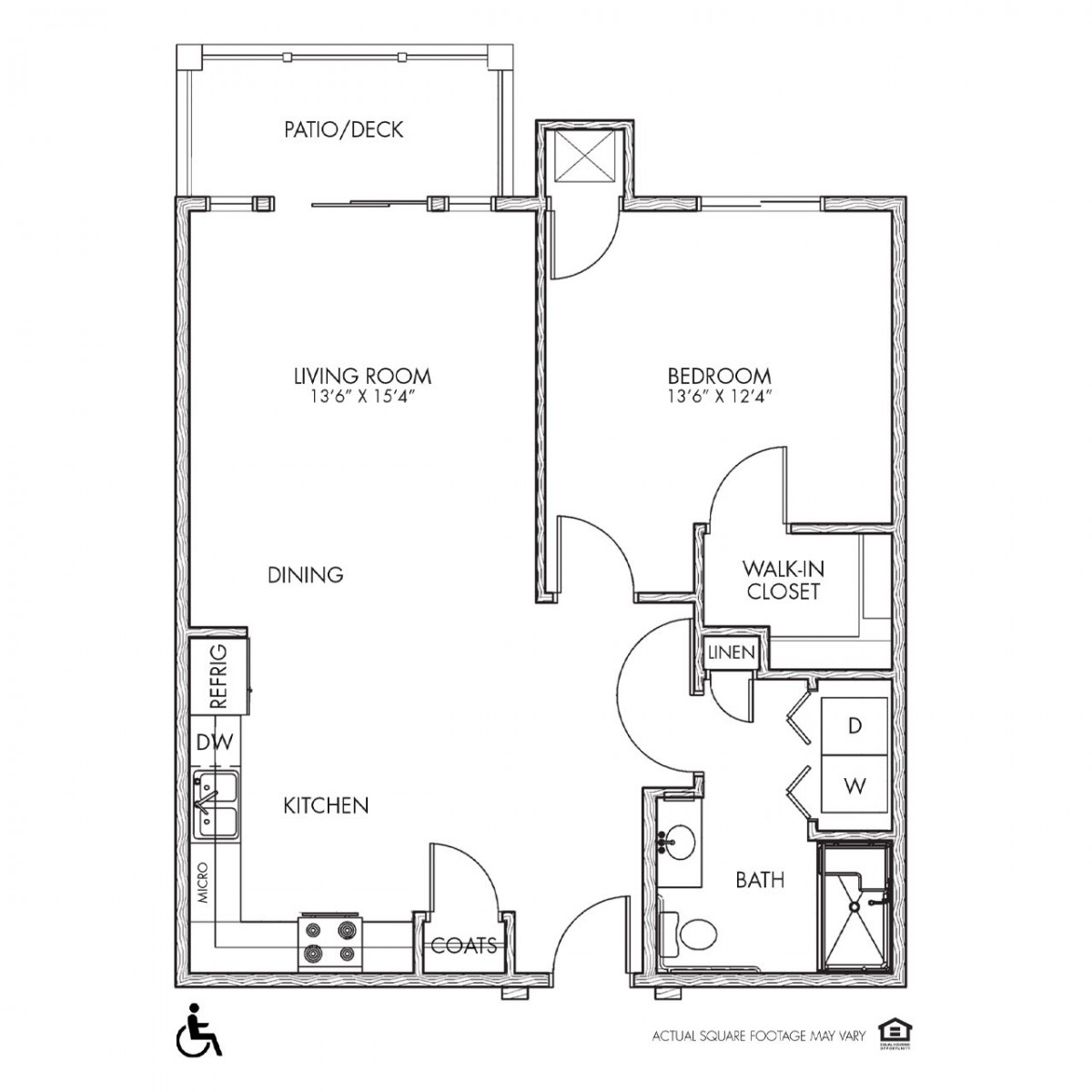 A floor plan of a one-bedroom apartment with accessible features.