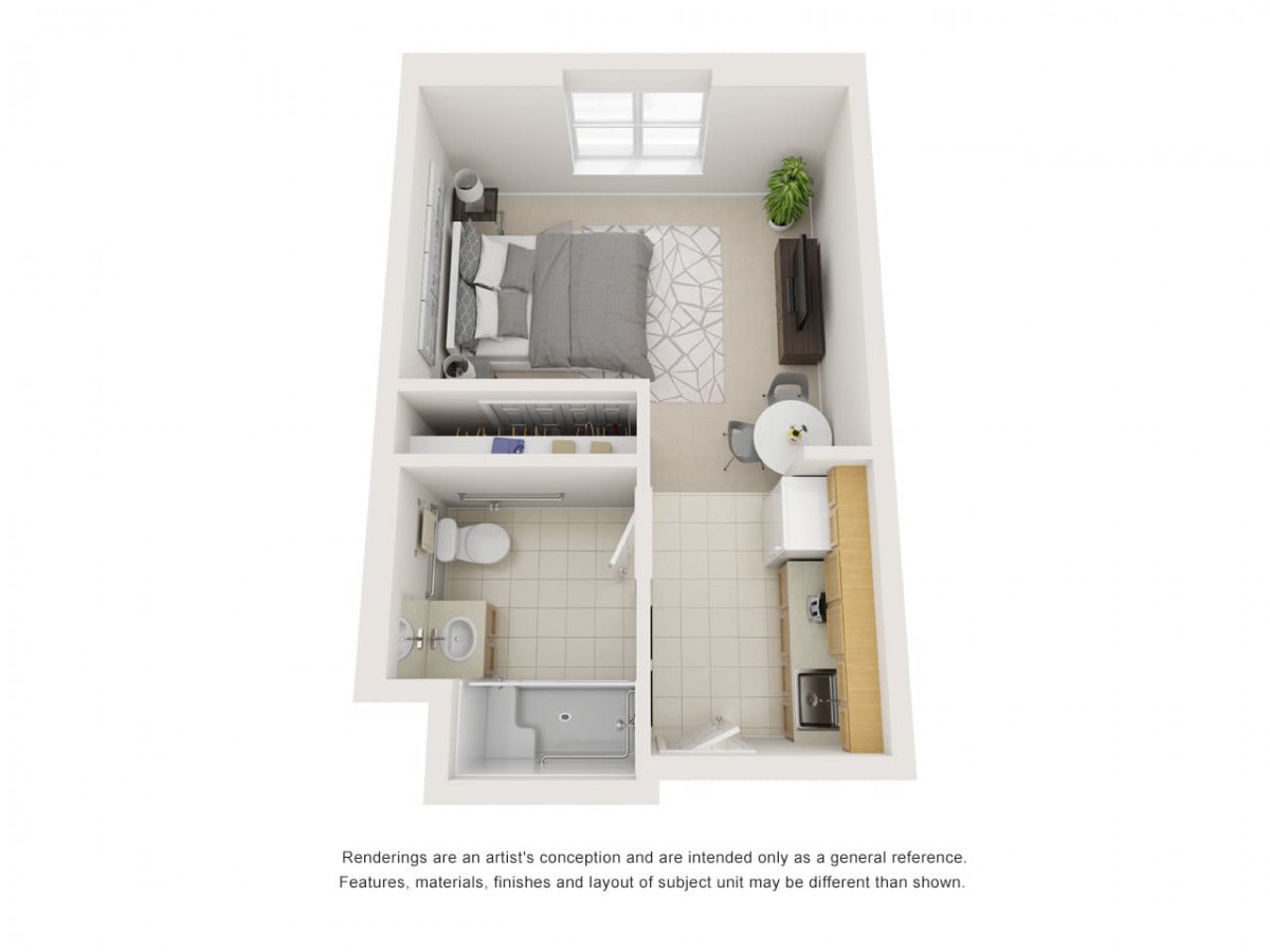 A 3D floor plan of a compact studio apartment featuring a bedroom area, bathroom, and living space.