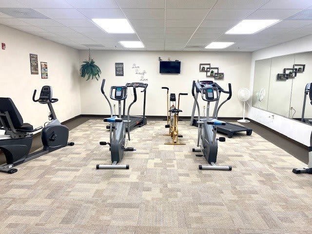 A clean and organized gym with various fitness equipment including exercise bikes, ellipticals, and a treadmill.