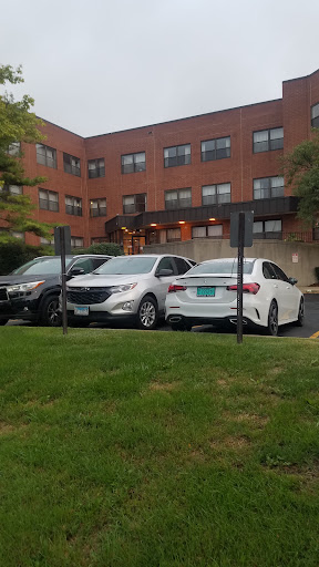 A view of parked cars in an urban parking lot with a building in the background.
