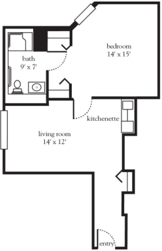 A floor plan layout of a one-bedroom apartment, featuring a living room, kitchenette, bedroom, and bathroom.
