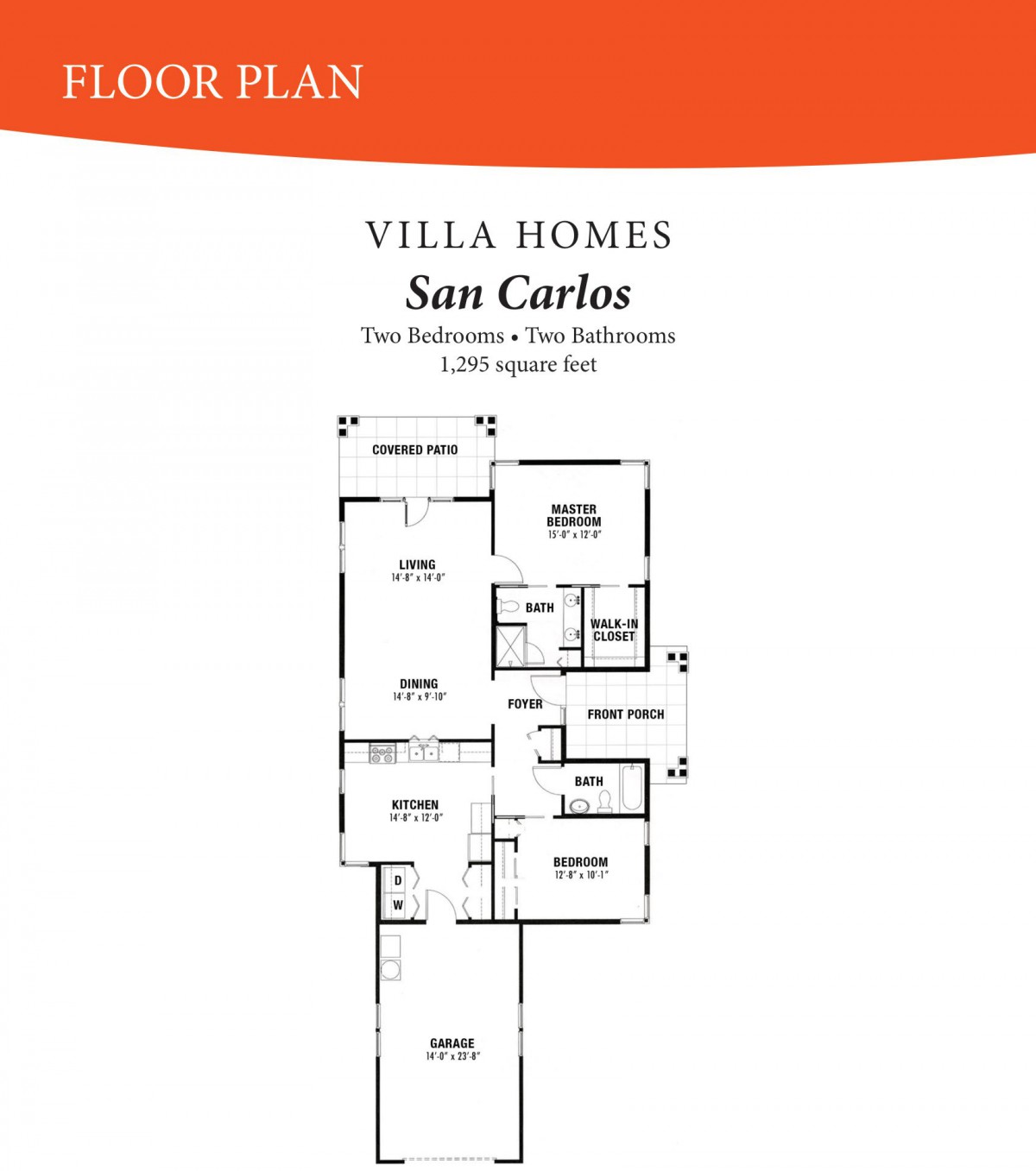 Floor plan of the San Carlos villa home featuring two bedrooms and two bathrooms.