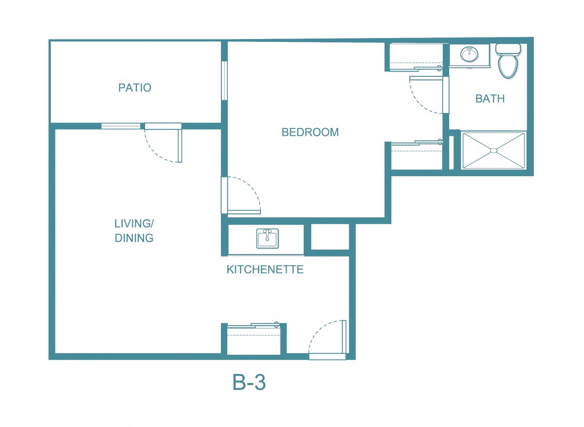 Floor plan of a one-bedroom apartment with a kitchenette, living area, bathroom, and patio.