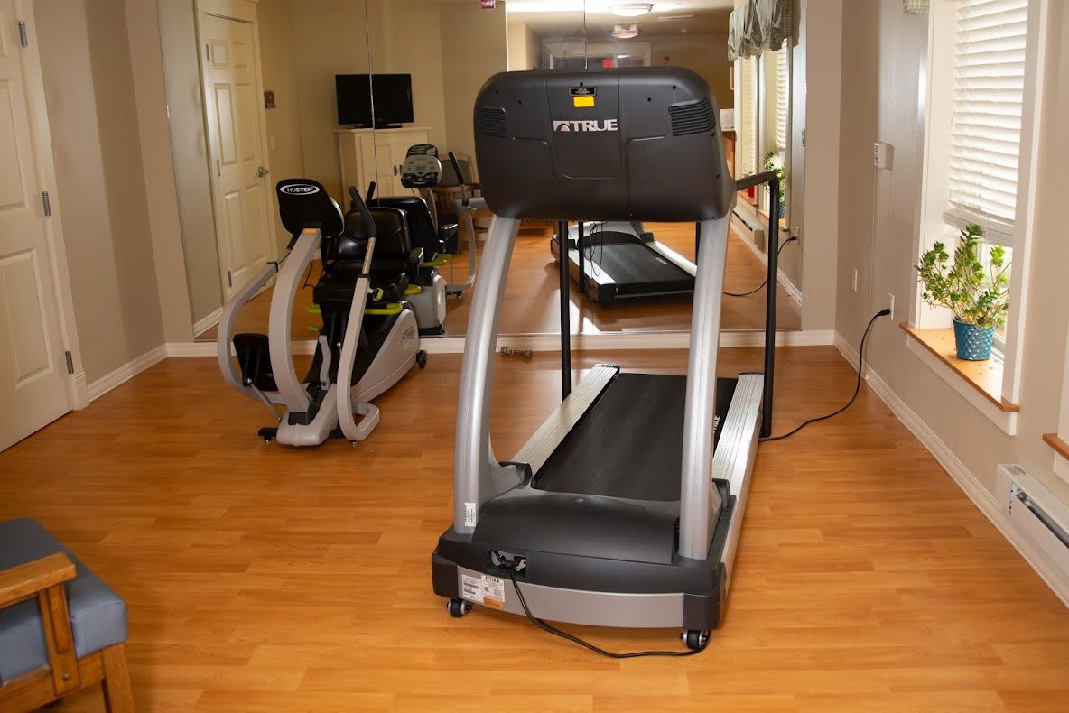 A well-equipped gym room featuring a treadmill and other exercise machines.