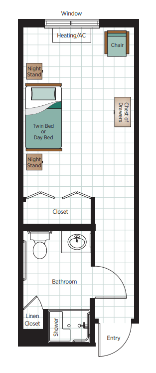A floor plan of a room featuring a twin bed, bathroom, and closet.