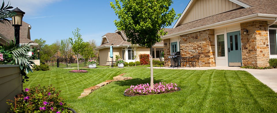 A well-maintained yard with a tree and flowers in front of a house.